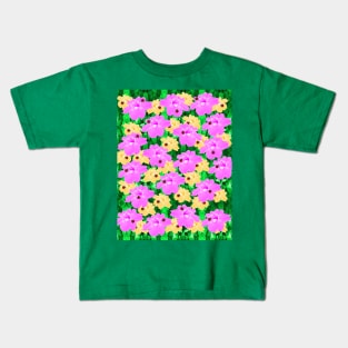 Pink and yellow flowers, ladybugs and leaves pattern Kids T-Shirt